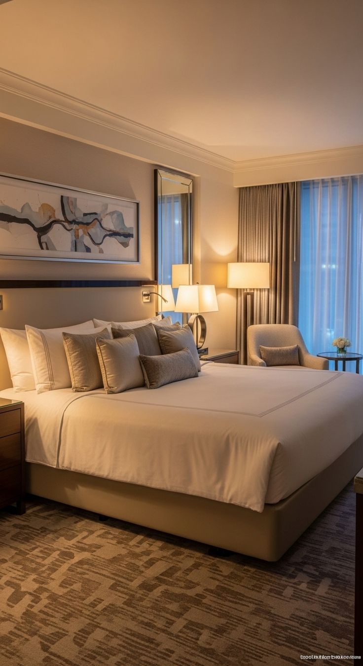 Habitación moderna con cama king, balcón y vista al mar