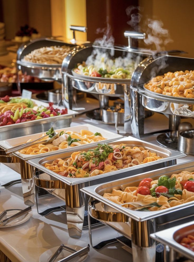 Mesa buffet variada con platos gourmet y postres